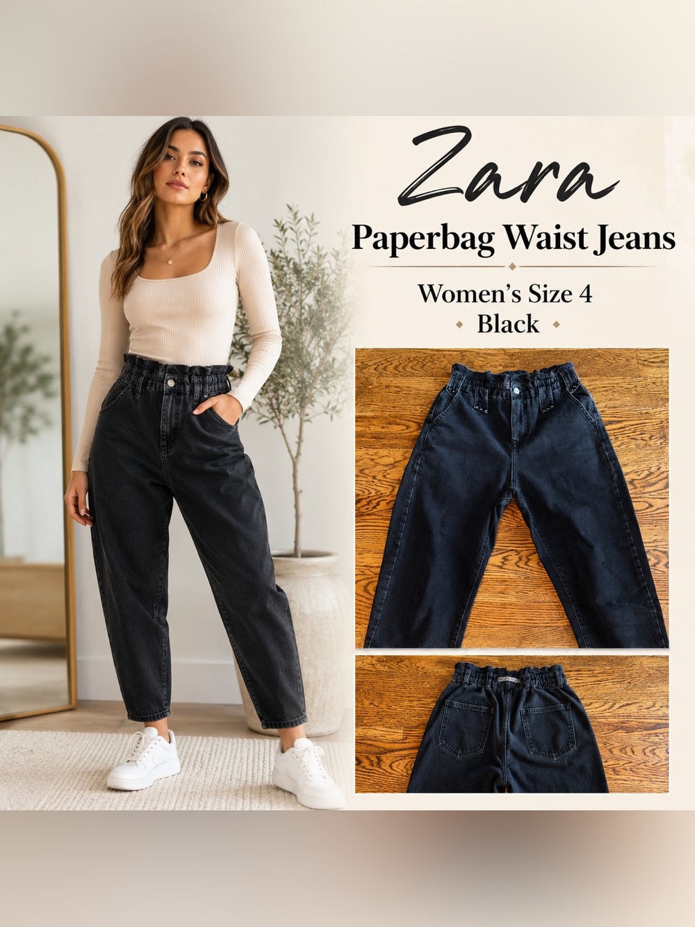 Zara Black Paperbag Waist Jeans Women’s Size 4 High Rise Tapered Stud Detail